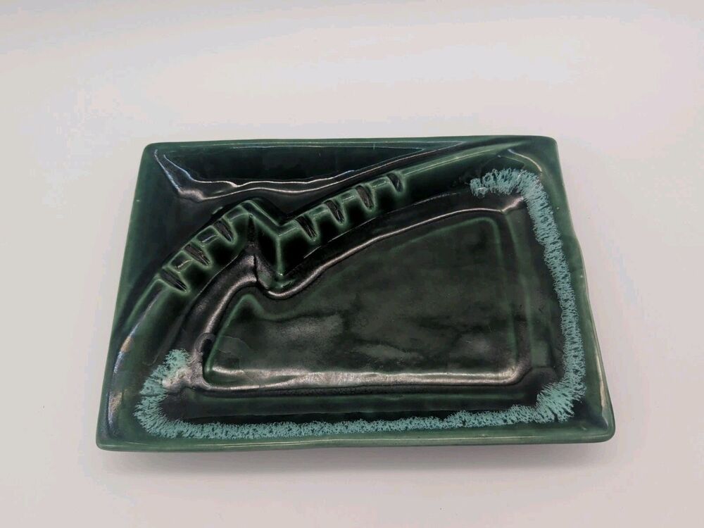 Vintage Mid Century Modern Green Drip Ceramic Ashtray Atomic Barware 12”